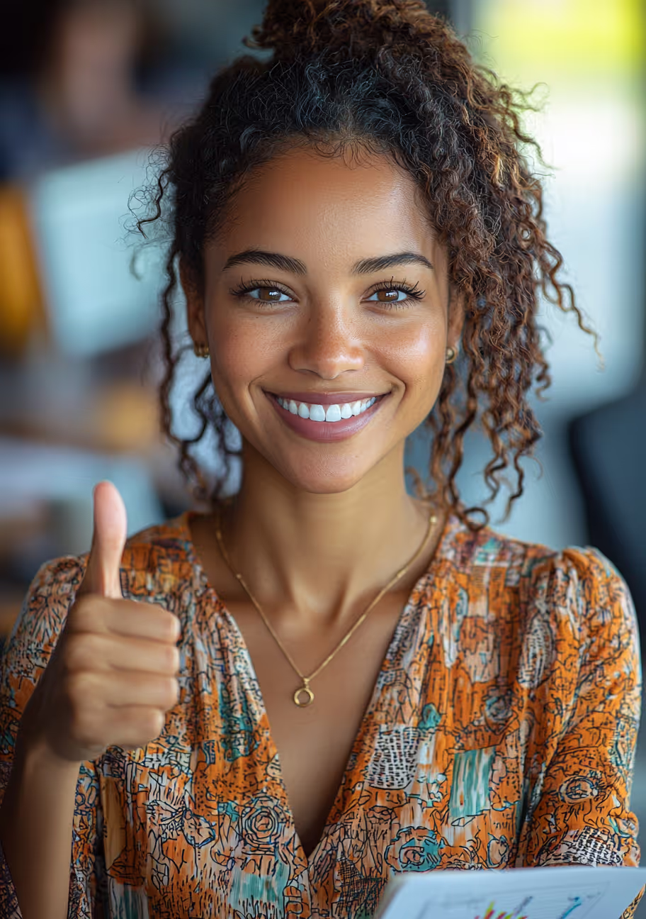 Jeune femme souriante présentant un thumbs up de satisfaction à cause de sa réclamation réussie de crédits d'impôts à la RS&DE
