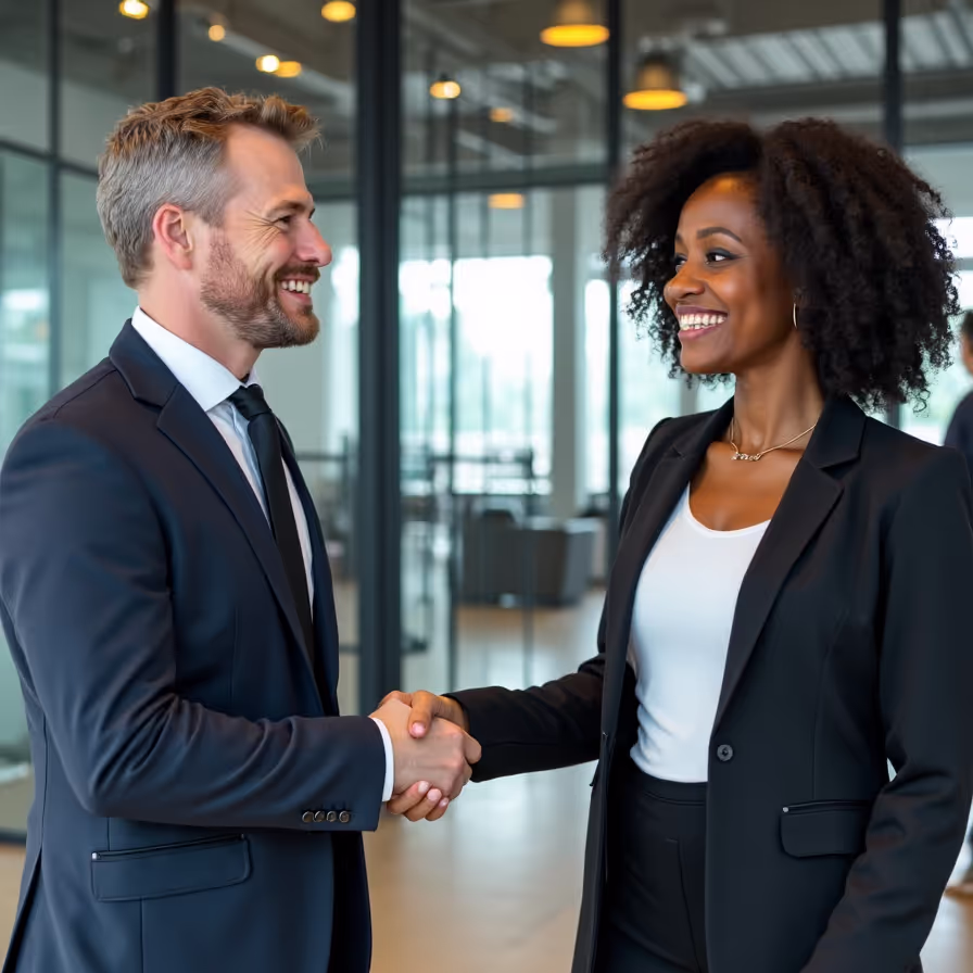 Un homme et une femme en complet se serrent la main dans un décor corporatif