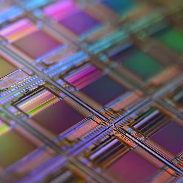 Closeup tilt-shift picture of photolithography silicon wafer.