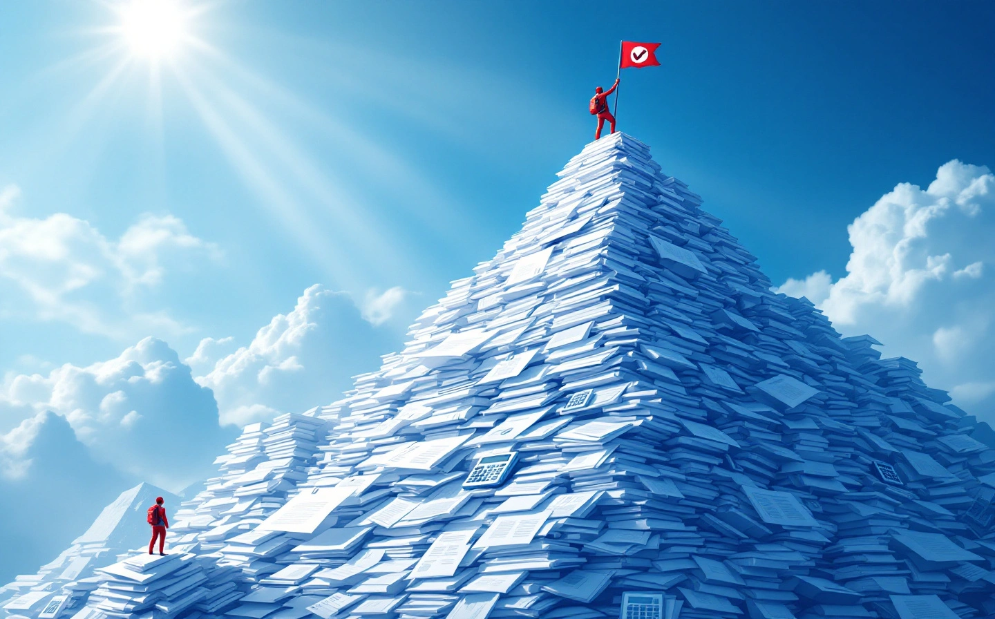 Un alpiniste triompge d'une montagne de documents